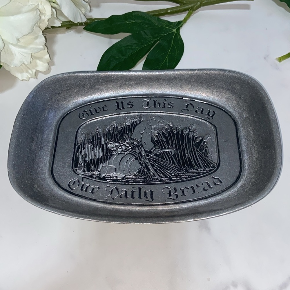 Vintage Pewter "Give Us This Day Our Daily Bread" Serving Tray, Plate, Metal usa